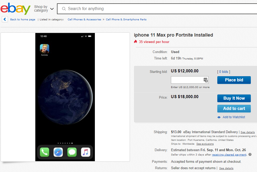 eBay에 고가에 올라온 포트나이트가 설치된 중고 아이폰