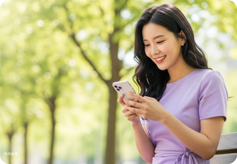 스마트폰 속 주식 뉴스에 몰입한 여주인공