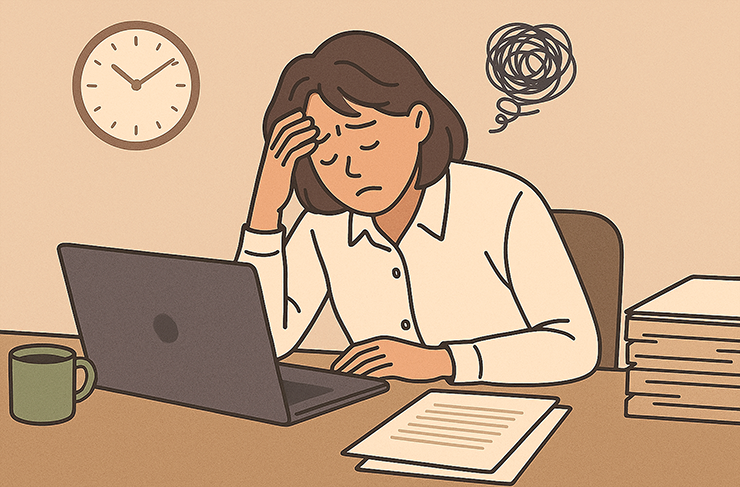 여성이 책상에서 피로에 휩쌓여 있는 이미지 입니다.