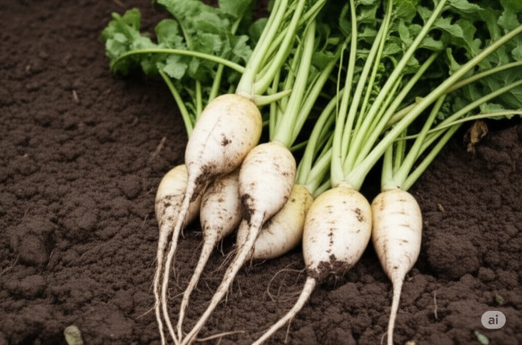 텃밭에서 갓 수확하여 흙이 묻은 채 소쿠리에 가득 담긴 하얀 가을무