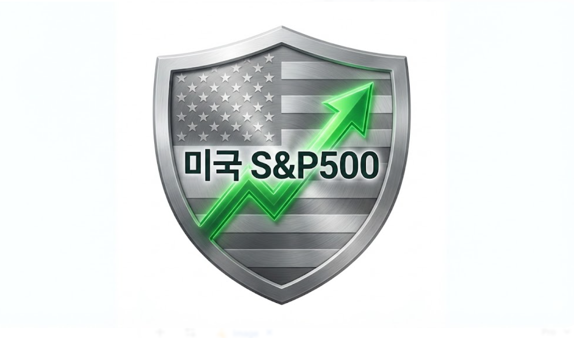 미국 국기와 우상향하는 주가 그래프가 그려진 방패 모양의 ETF 아이콘. 방패 중앙에 '미국 S&P500'이라는 한글 텍스트가 새겨져 있다.