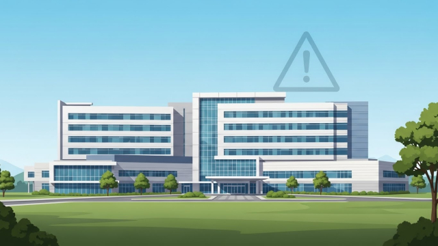 비골 골절 주의 메시지를 상징하는 병원 전경과 경고 아이콘