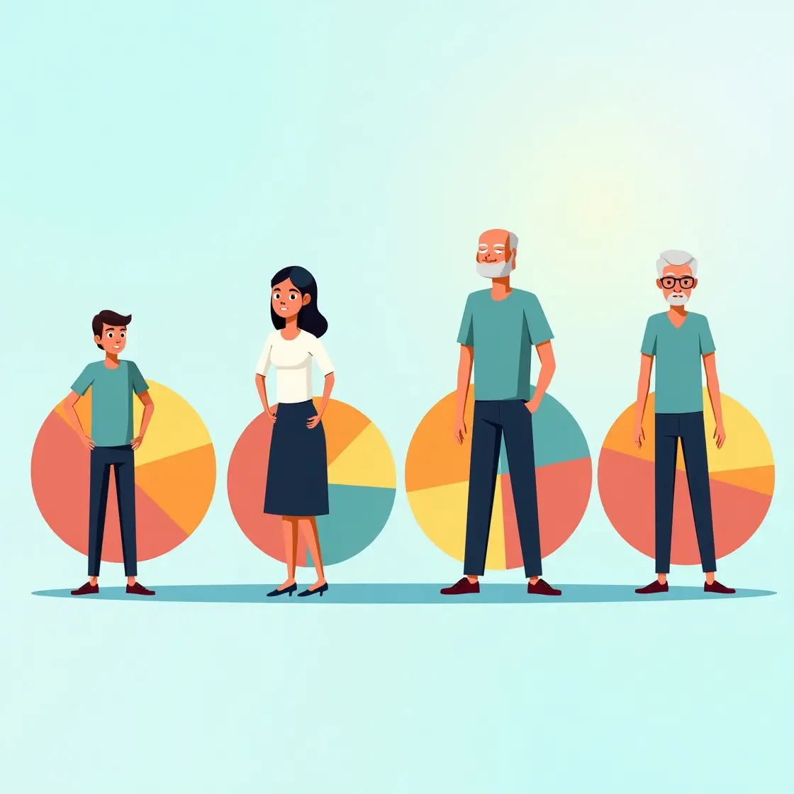 Illustration showing asset allocation by age group, comparing portfolio ratios for people from young to old.