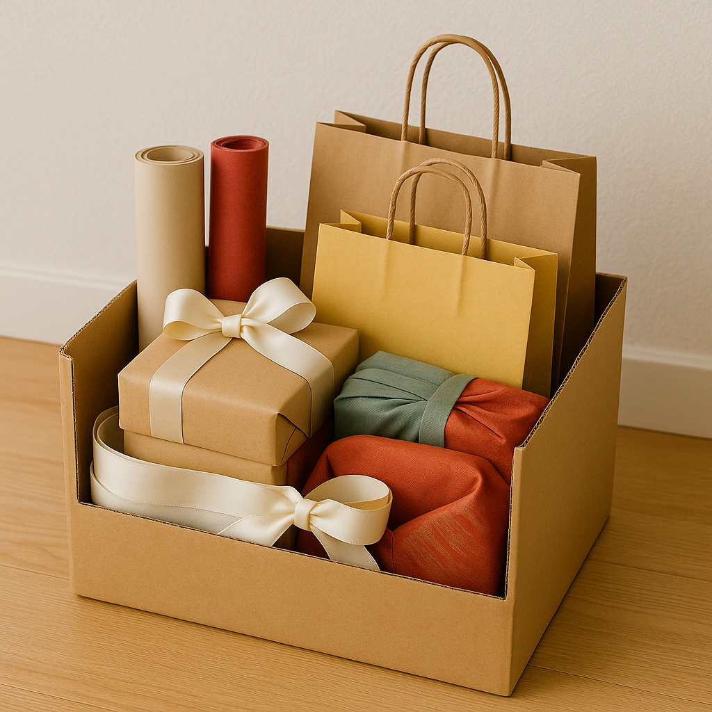 재활용 박스에 정리된 추석 선물 포장지와 리본