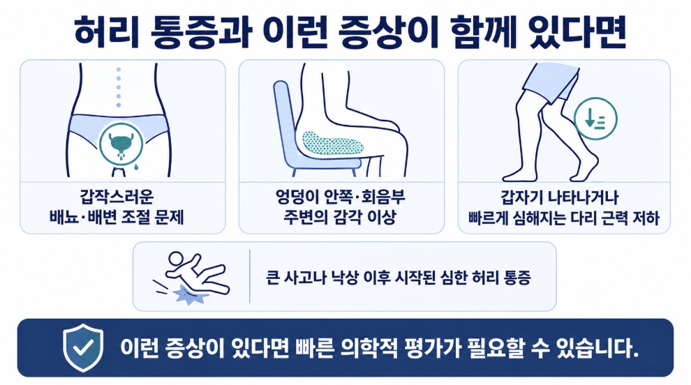 허리 통증과 함께 배뇨 배변 변화 회음부 감각 이상 다리 근력 저하가 나타날 때 빠른 진료가 필요한 증상