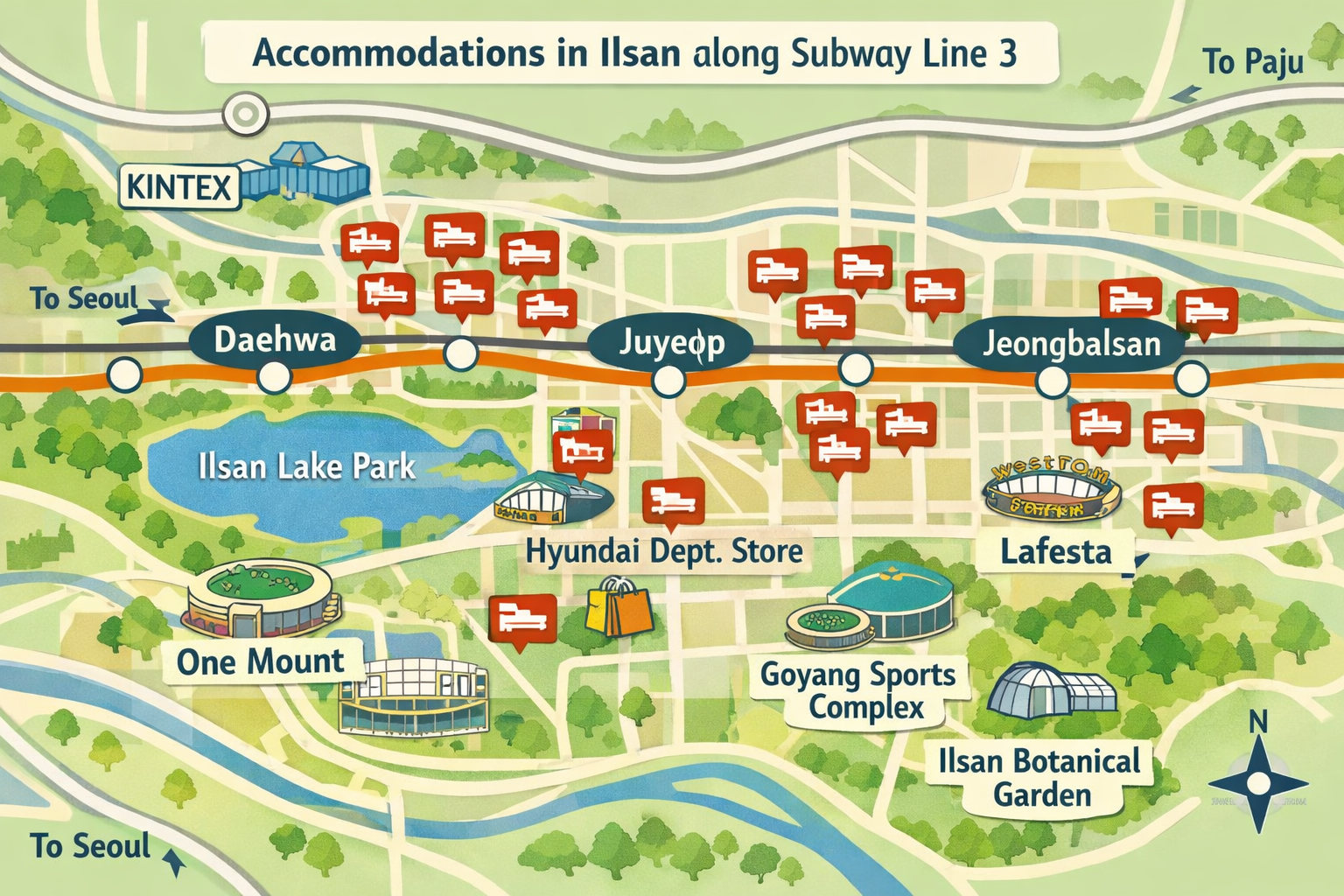 지하철 3호선 라인을 따라 형성된 일산 숙소 분포도 지도