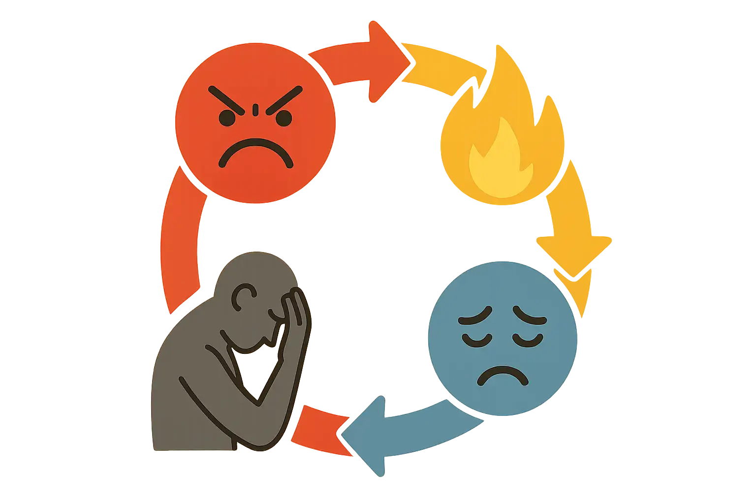 분노(빨강) → 폭발(불꽃) → 후회(푸른색 얼굴) → 자책(회색 그림자)
