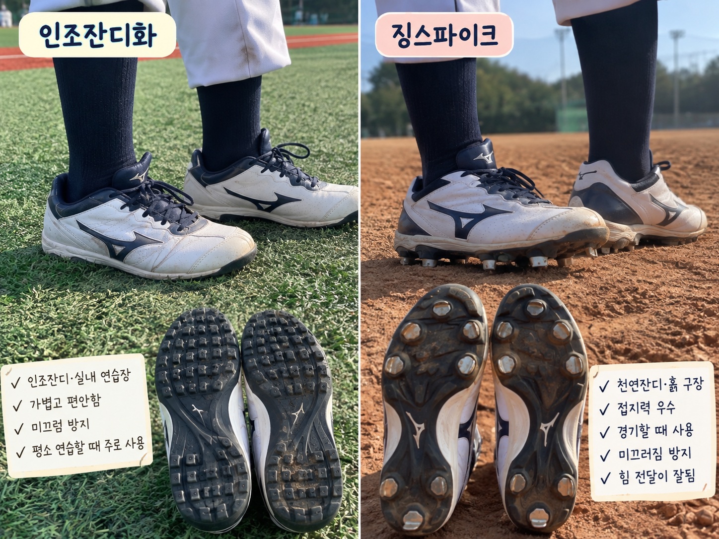 리틀야구 인조잔디화와 징스파이크 야구화 차이 비교