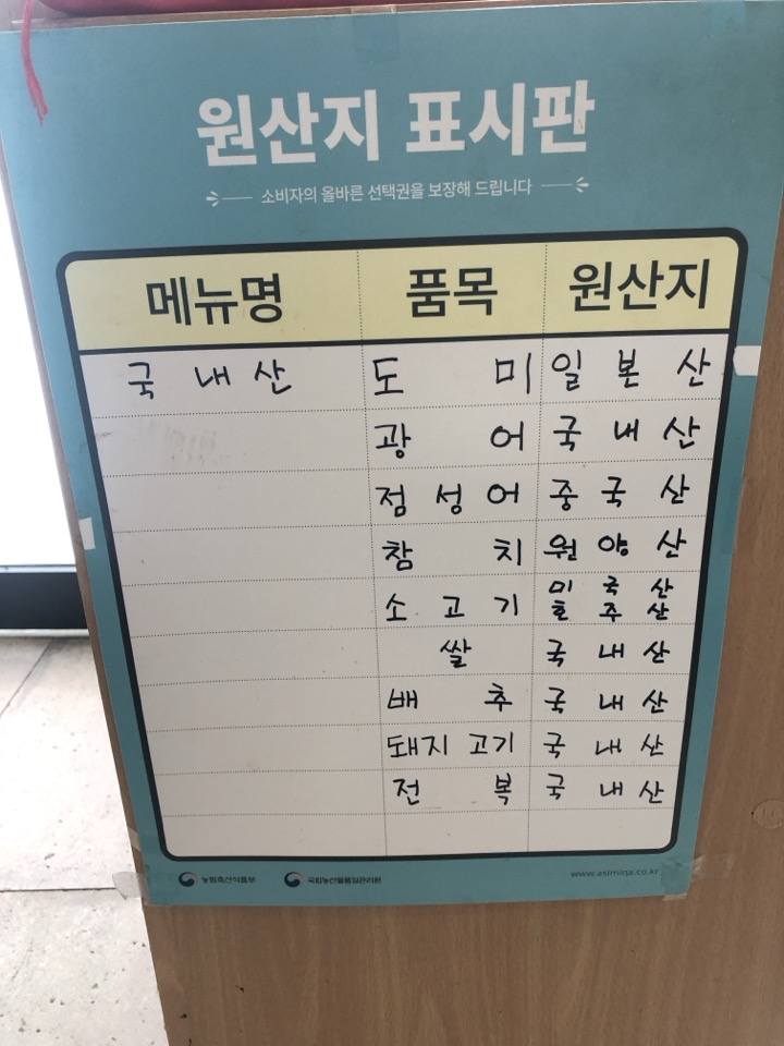 민수랜드-창경궁초밥 원산지표시판