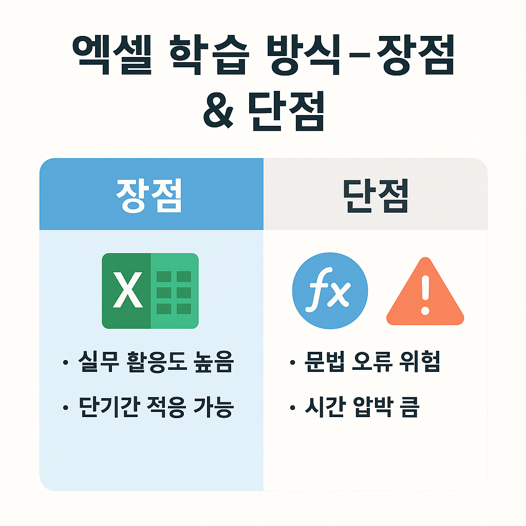 컴활 1급 실기에서 엑셀의 장점과 단점을 비교한 인포그래픽으로 함수 활용과 시간 압박 요소를 시각적으로 표현