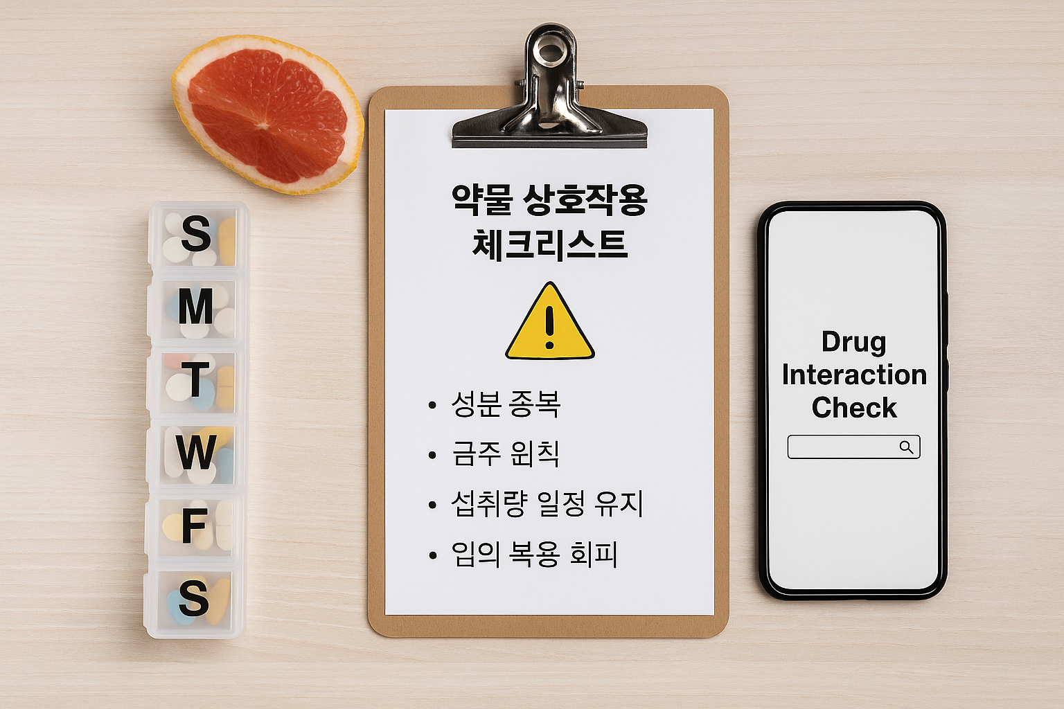 약물 상호작용 체크리스트와 알약 보관함, 자몽 조각, 스마트폰이 놓인 실사 이미지