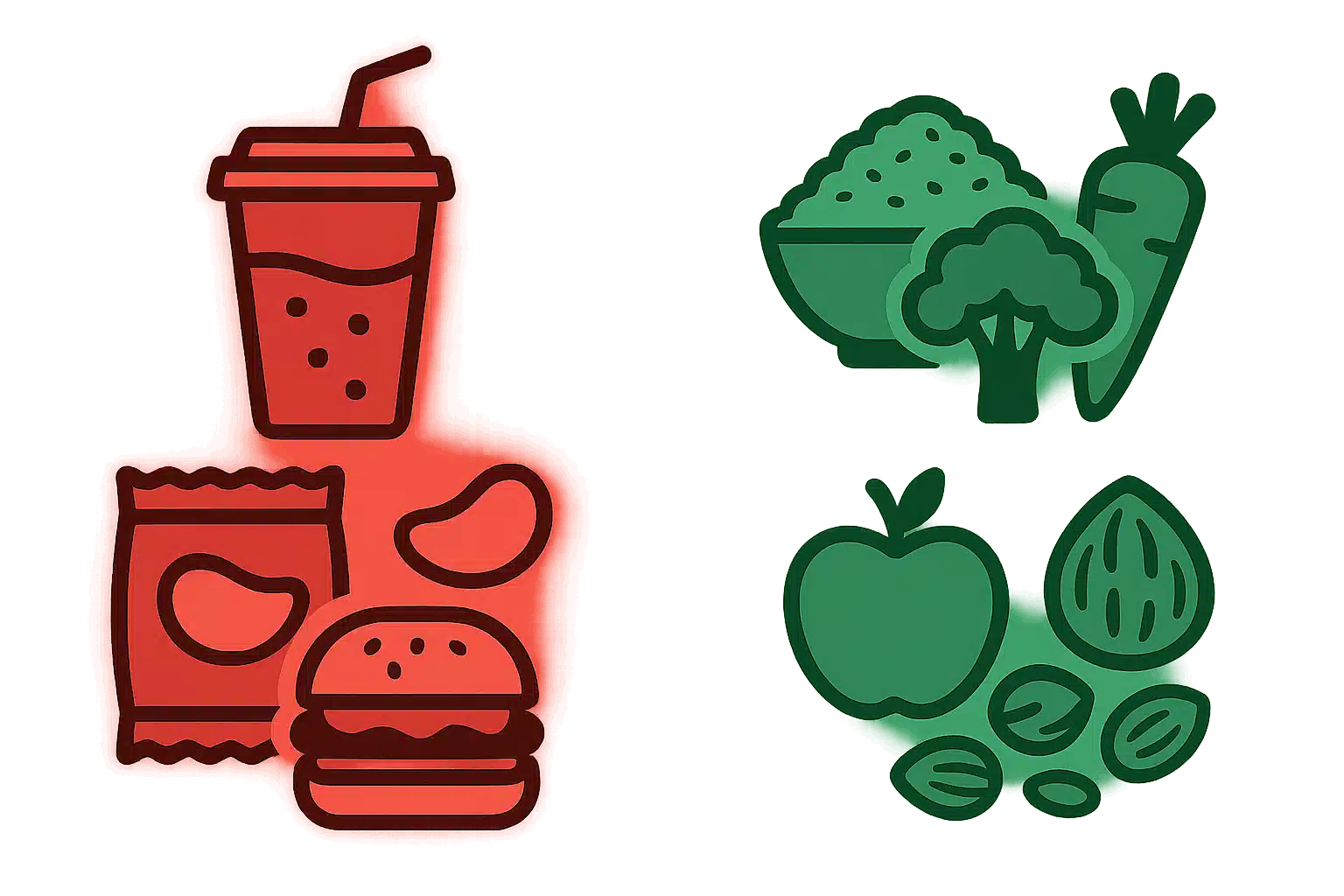 설탕음료, 과자, 패스트푸드, 현미, 채소, 통곡물, 과일, 견과류