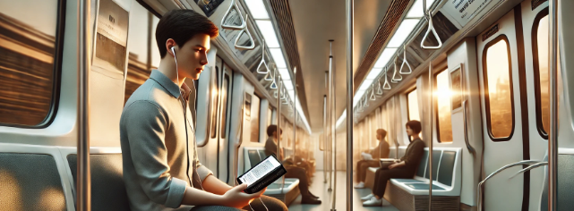 지하철 안에서 이어폰으로 오디오북을 듣는 모습을 표현한 이미지