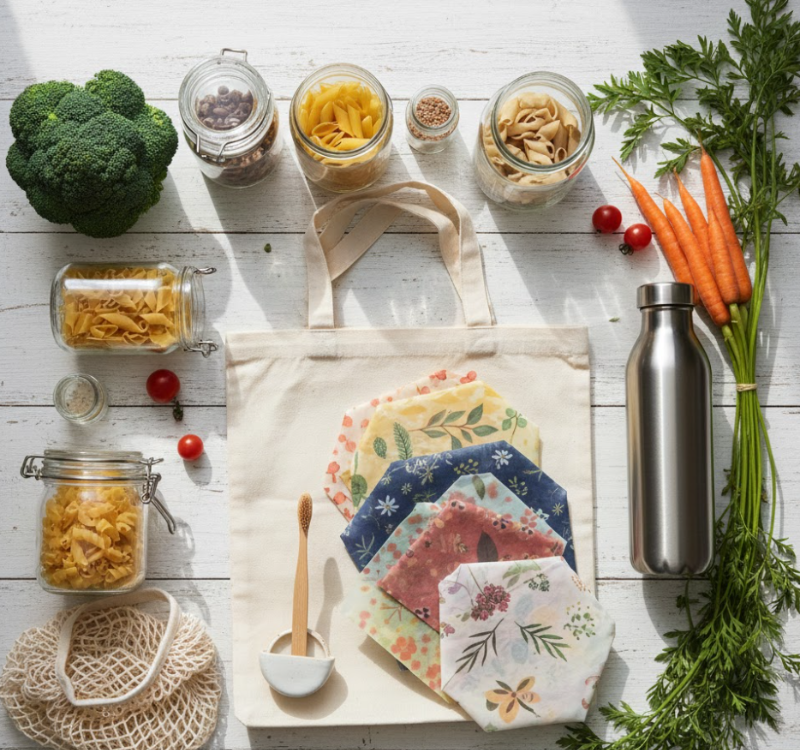 제로웨이스트 생활을 실천하는 친환경 용품들과 재사용 가능한 물품들이 깔끔하게 정리된 모습