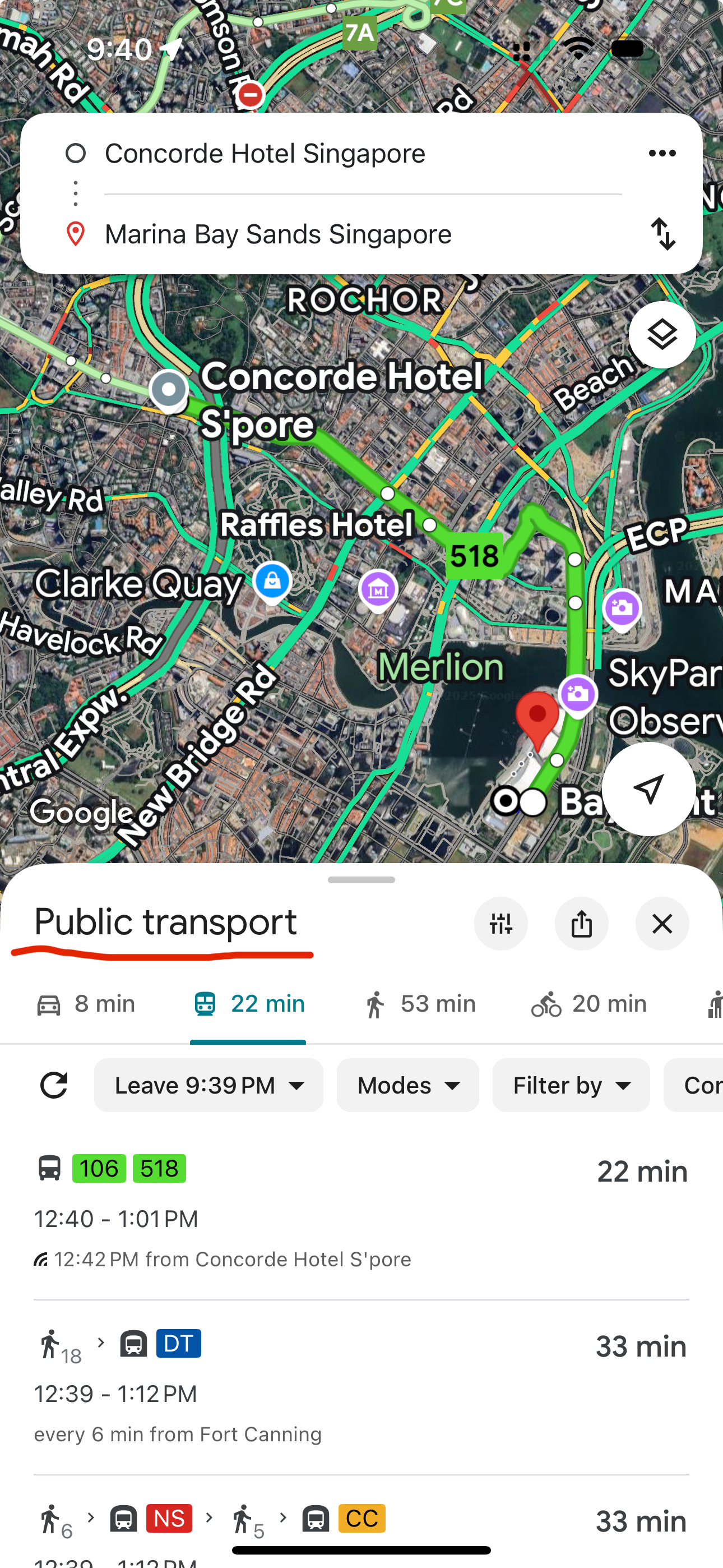 구글맵에서 목적지를 쓰고 교통수단의 종류르 보여주는 스크린 샷