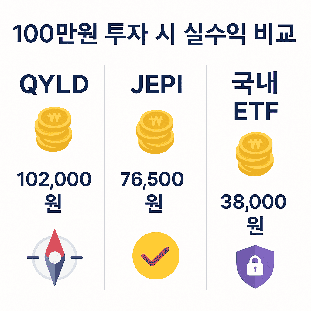 100만원 투자 시 QYLD, JEPI, 국내 ETF의 실질 수익 비교 인포그래픽 – 수령액 및 리스크 성향 아이콘 포함
