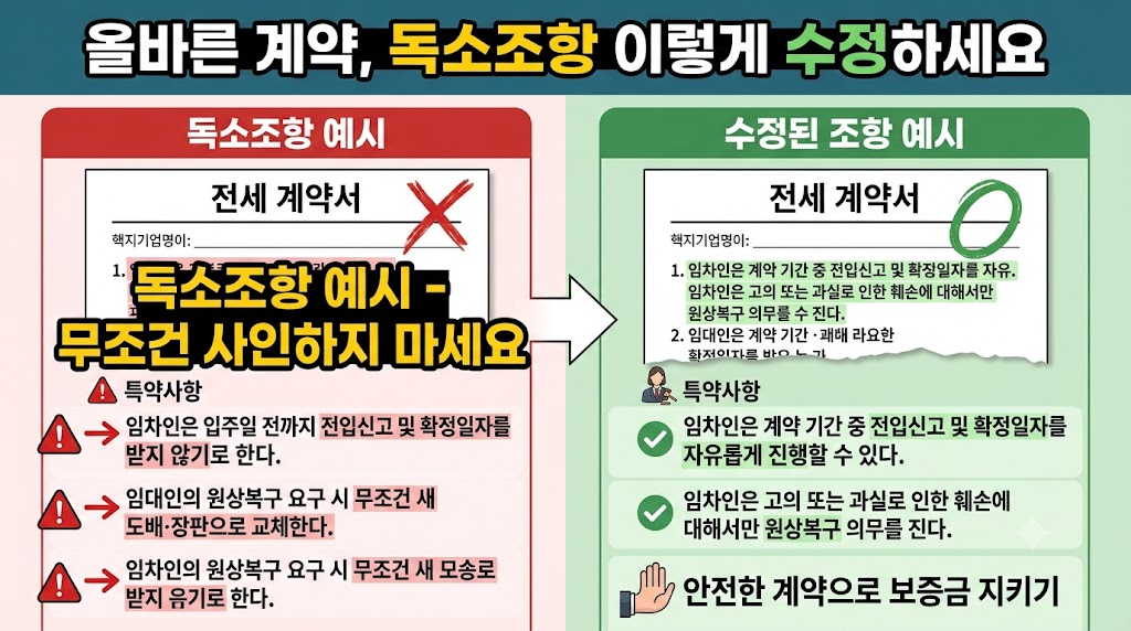 전세 계약서 독소조항 수정 전후 비교 - 임차인 불리한 특약을 공정한 내용으로 수정하는 방법