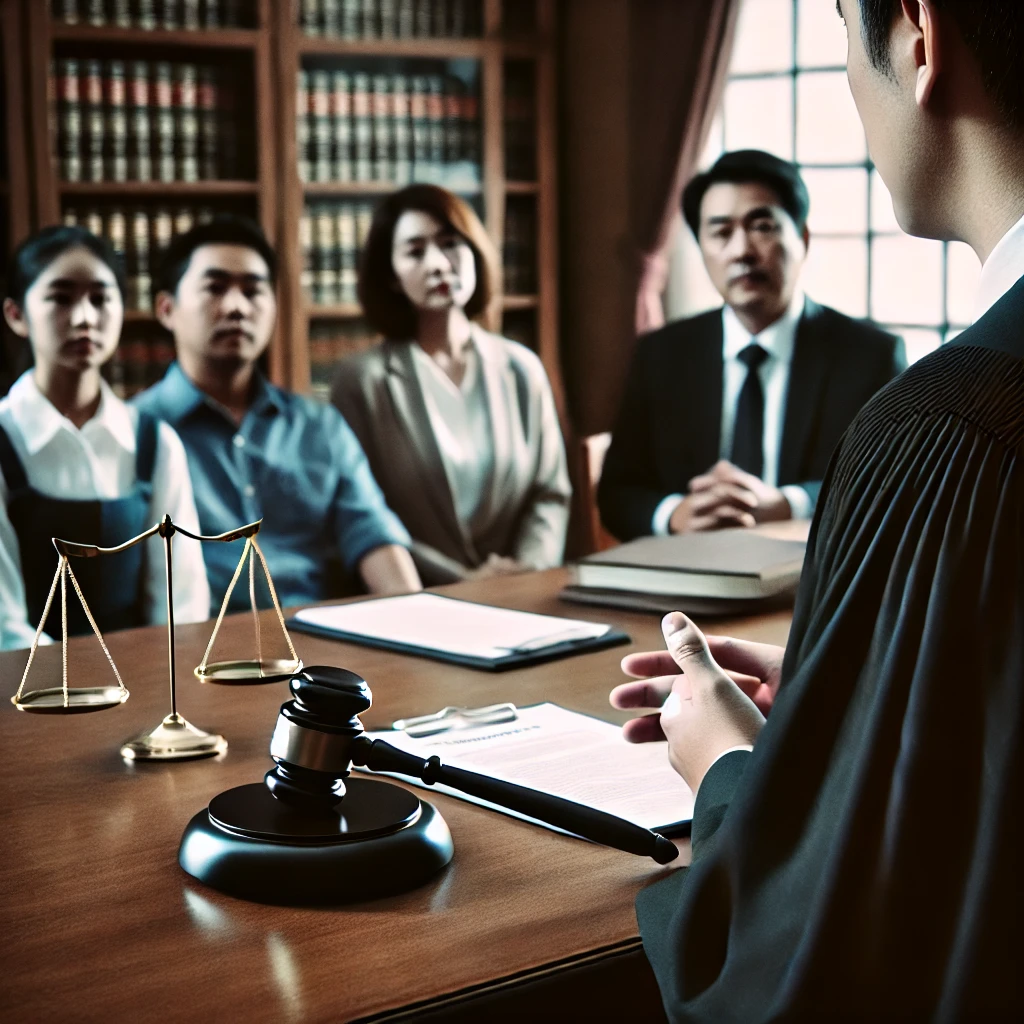 유류분 반환 청구 사건을 다루는 법정에서 판사가 주재하는 장면, 상속권에 대한 법적 다툼을 강조.