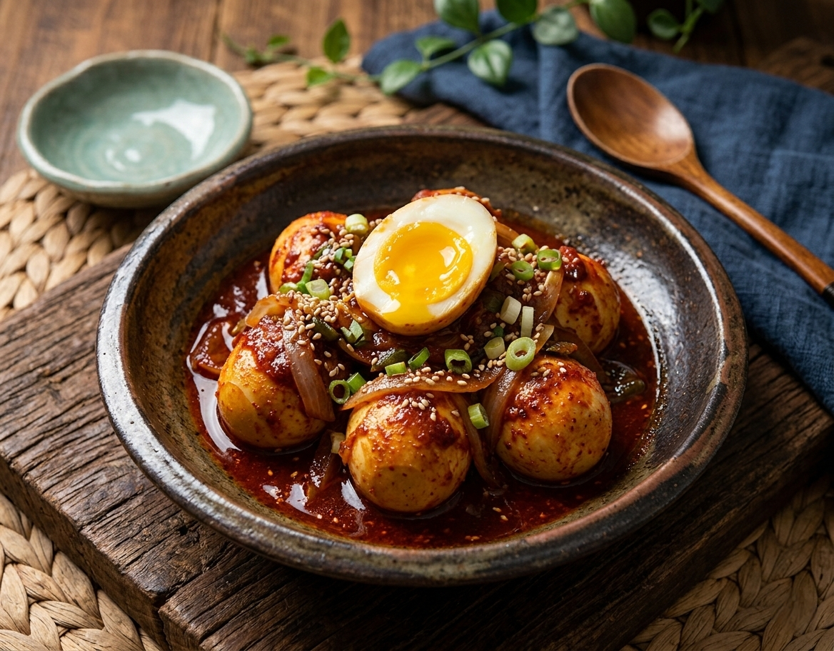 나무 질감의 식탁 위에 놓인 갈색 뚝배기에 담긴 매콤한 고추장 계란 조림(조림달걀).