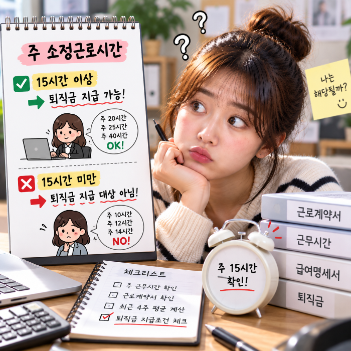 퇴직금 1년 조건과 함께 4주 평균 주 소정근로시간 15시간 이상 여부를 확인하는 직장인 이미지