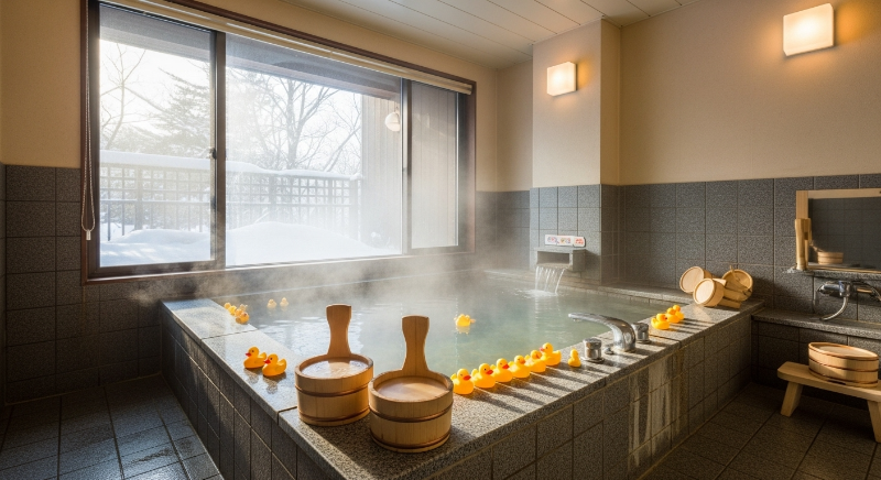 창밖으로 눈 내리는 겨울 풍경이 보이는 따뜻하고 아늑한 프라이빗 가족탕 실내 모습, 넓은 욕조와 아이들을 위한 물놀이 장난감