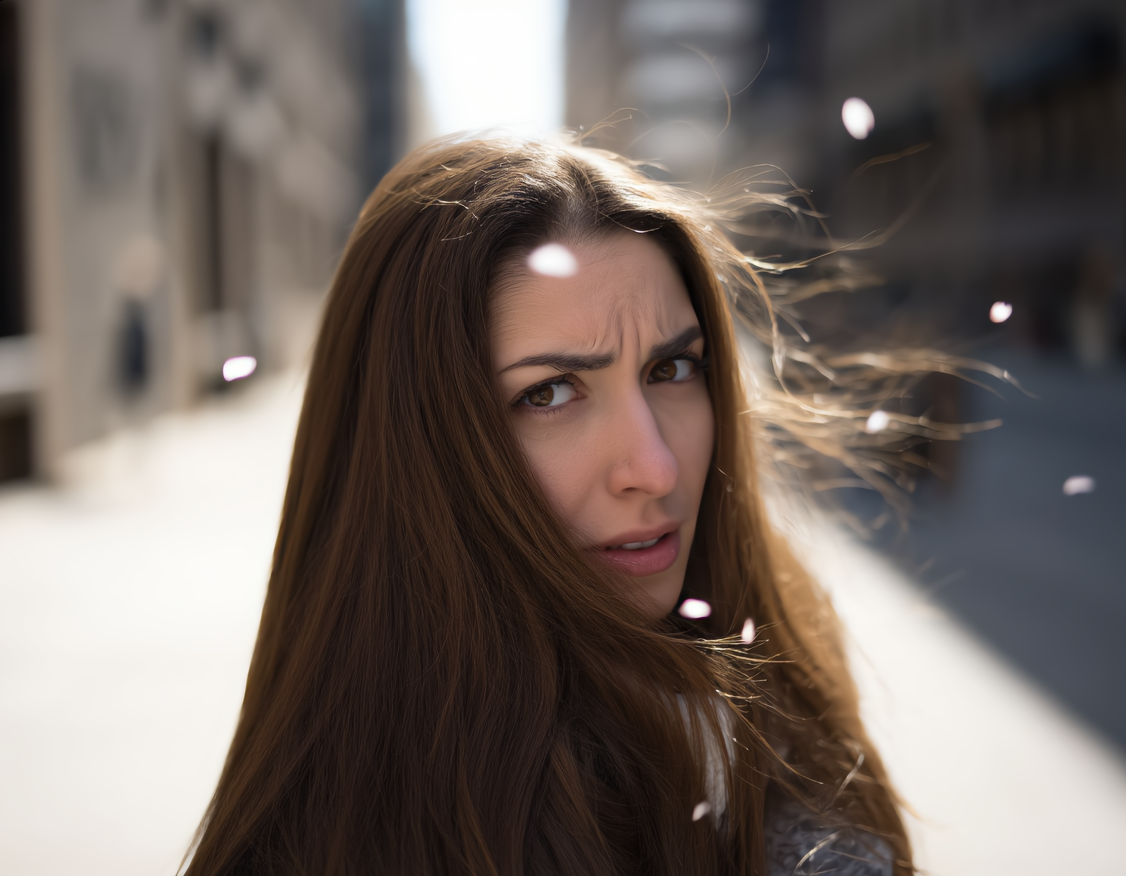 건조한 바람에 날리는 머리카락과 찡그린 표정의 여성