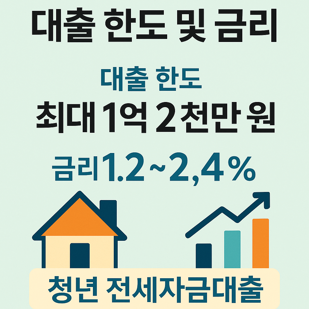 청년 전세자금대출의 한도 및 금리를 설명하는 인포그래픽 스타일의 2D 디지털 일러스트. 한도 ‘최대 1억 2천만 원’과 금리 ‘연 1.2~2.4%’ 등의 문구가 한국어로 명확히 강조되어 있으며, 주택과 그래프 아이콘이 시각적 요소로 포함되어 있음