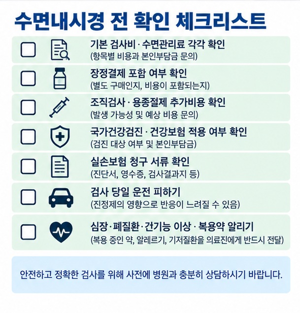 수면내시경 예약 전 검사비 수면관리료 장정결제 조직검사 용종절제 보험 적용 여부를 확인하는 체크리스트 이미지
