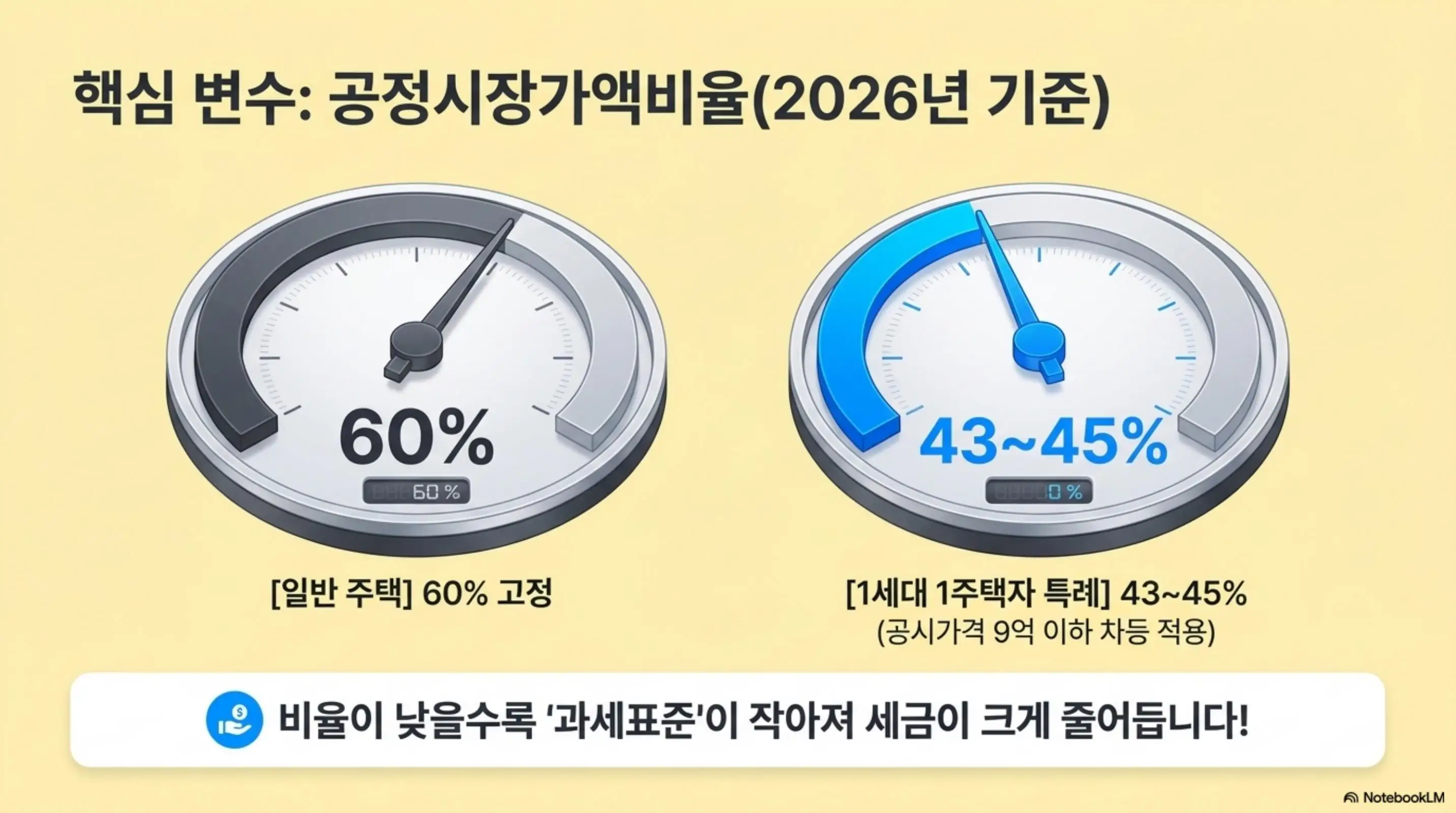 재산세 납부: 2026년 기준 일반 주택 공정시장가액비율 60%와 1세대 1주택자 특례 비율 43에서 45%를 두 개의 게이지 그래픽으로 비교하고 비율이 낮을수록 과세표준이 작아져 세금이 줄어든다는 핵심 정보를 전달하는 인포그래픽 이미지. 이 이미지는 재산세 공정시장가액비율 특례의 절세 효과를 시각적으로 전달하며 블로그의 1세대 1주택 감면 혜택과 관련된 내용을 설명함