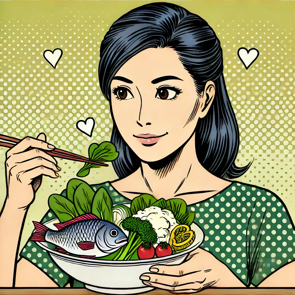 건강한 식사를 즐기는 여성 (균형 잡힌 영양 섭취의 필요성 강조)