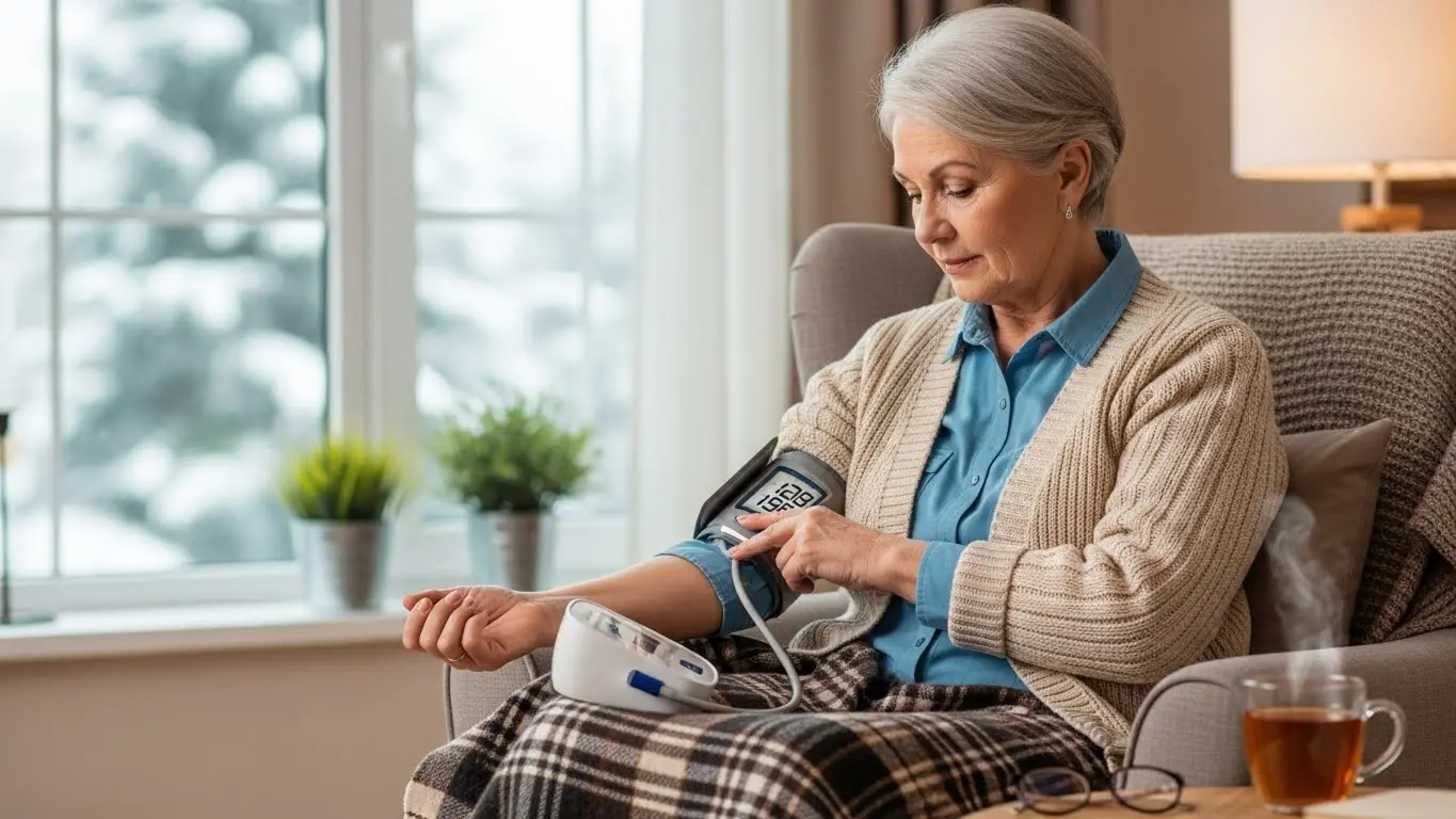 겨울철 실내에서 혈압을 측정하는 시니어 모습