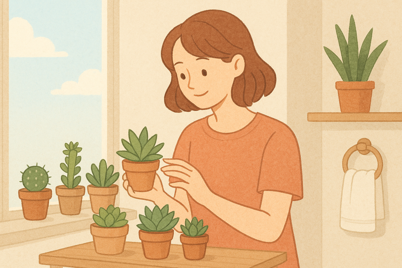 다육이 미니화분을 정리하고 있는 여성의 따뜻한 일러스트