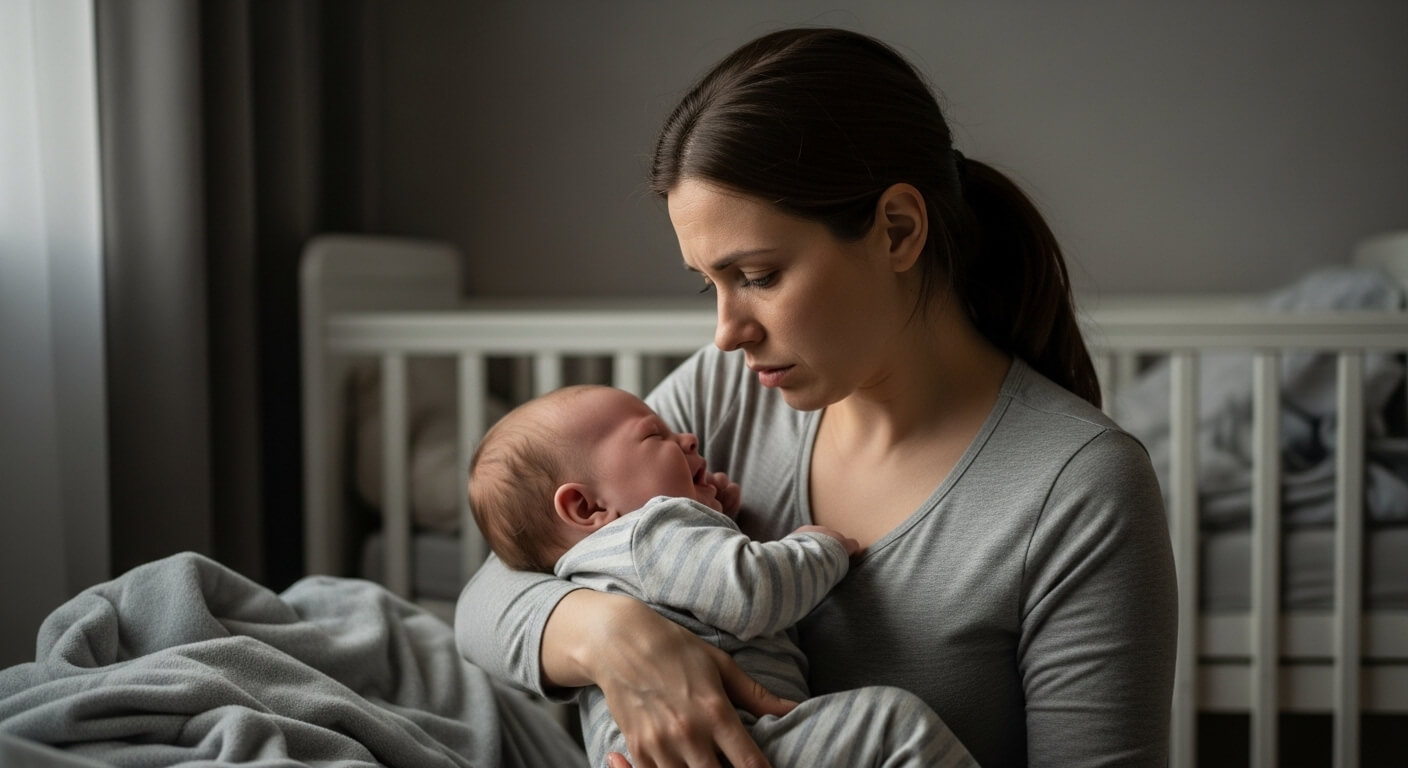 밤늦게까지 잠투정하는 아기를 안고 지친 표정으로 달래는 엄마의 모습.