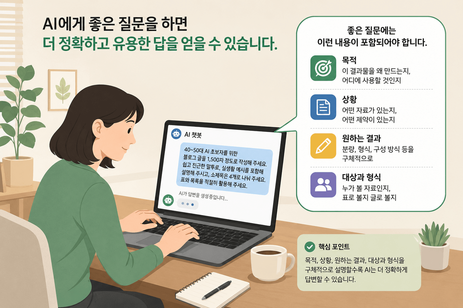 목적, 상황, 원하는 결과를 포함해 AI에게 질문하는 방법을 보여주는 일러스트