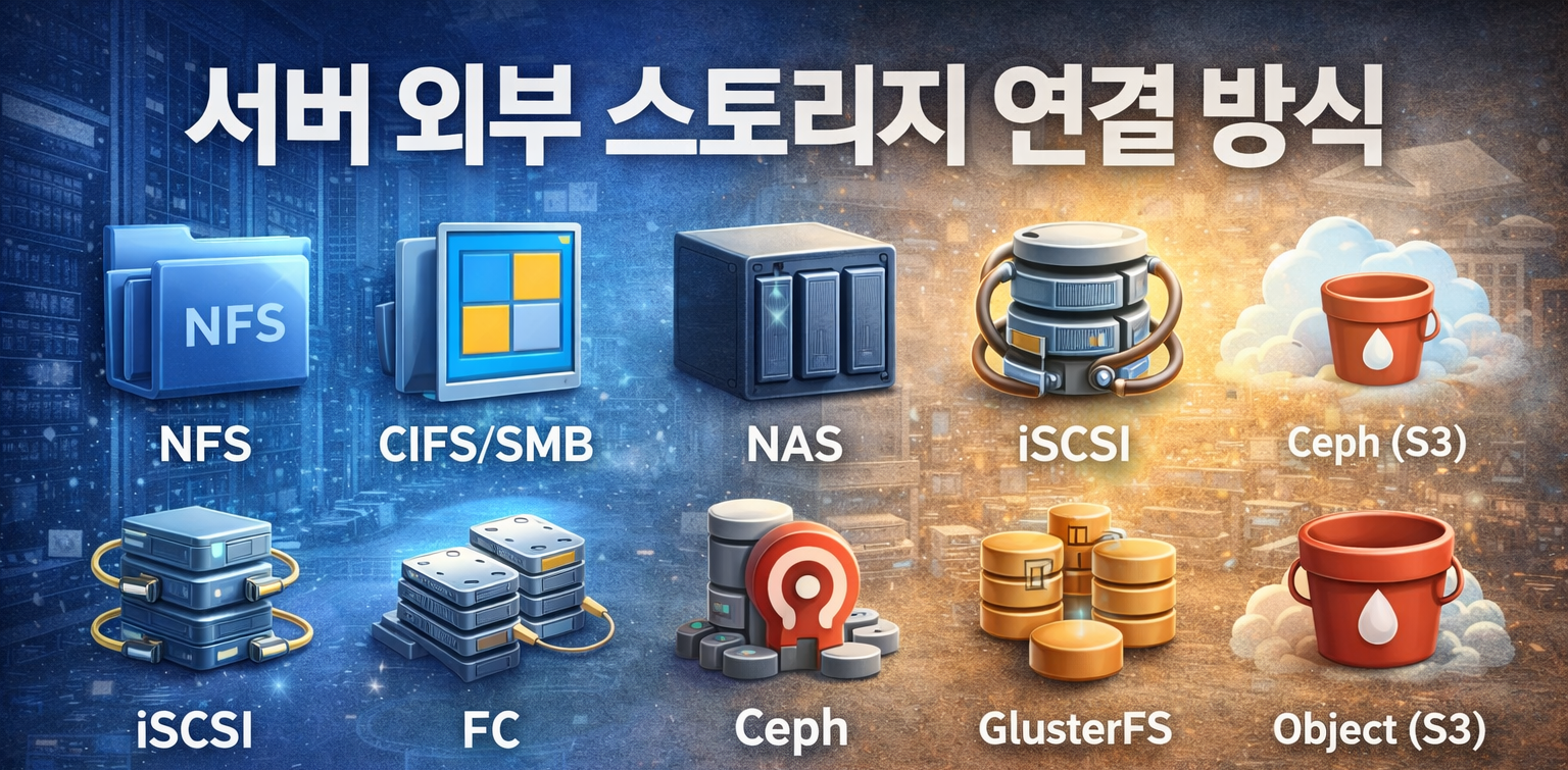 서버에서 사용되는 외부 스토리지 연결 방식(NFS, NAS, CIFS/SMB, iSCSI, FC, Ceph, GlusterFS 등)을 체계적으로 설명하고, 각 방식의 활용 범위와 장단점을 비교합니다.
