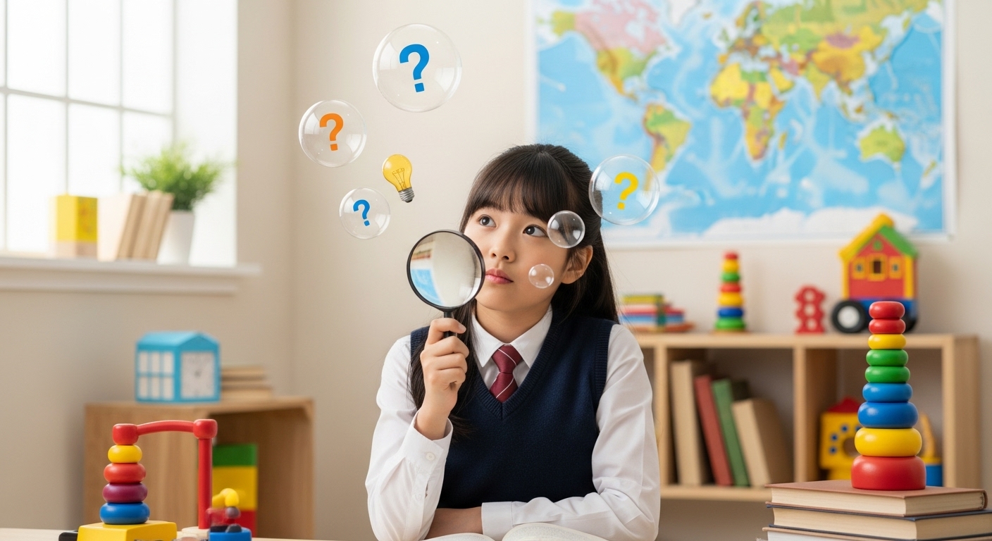 호기심 가득한 한국인 초등학생 여자아이가 확대경을 들고 세계 지도를 보며 질문하고 비판적으로 사고하는 모습.