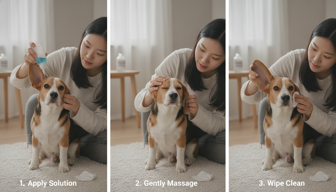 보호자가 귀 세정액을 넣고 마사지한 후, 면봉으로 강아지 귀를 닦는 올바른 귀 청소 과정을 보여주는 세 가지 이미지.