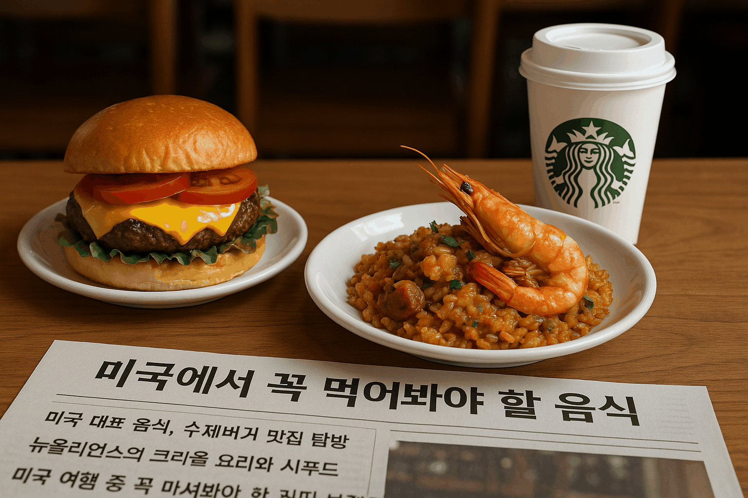 수제버거, 뉴올리언스 시푸드, 스타벅스 커피가 미국의 대표 미식 문화를 보여주는 이미지