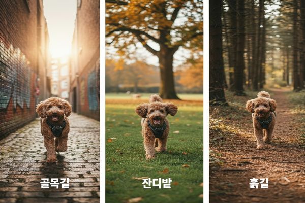 골목길, 잔디밭, 흙길 등 다양한 배경에서 노령견 푸들이 여유롭게 산책하는 모습입니다. '경로 다양화'를 통해 새로운 환경 자극이 뇌에 미치는 긍정적인 영향을 시사합니다.
