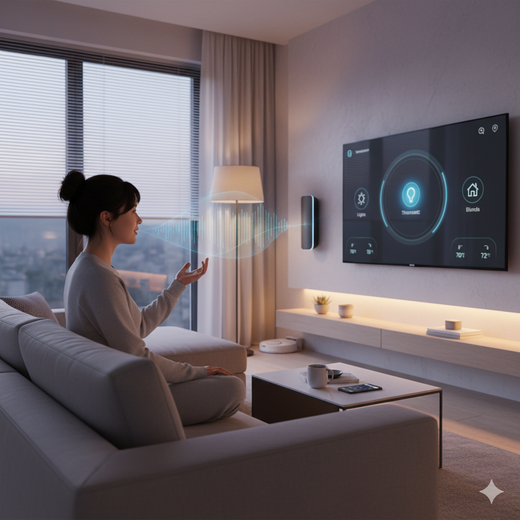 거실에서 스마트홈 기기를 음성으로 제어하는 사람의 모습 (이미지 생성:google)