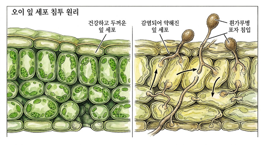 오이 흰가루병 포자 침투 구조