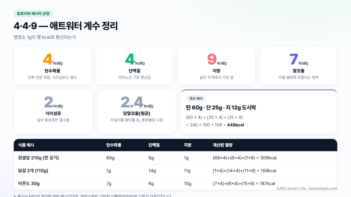 애트워터 계수와 성분별 1g당 열량 도식