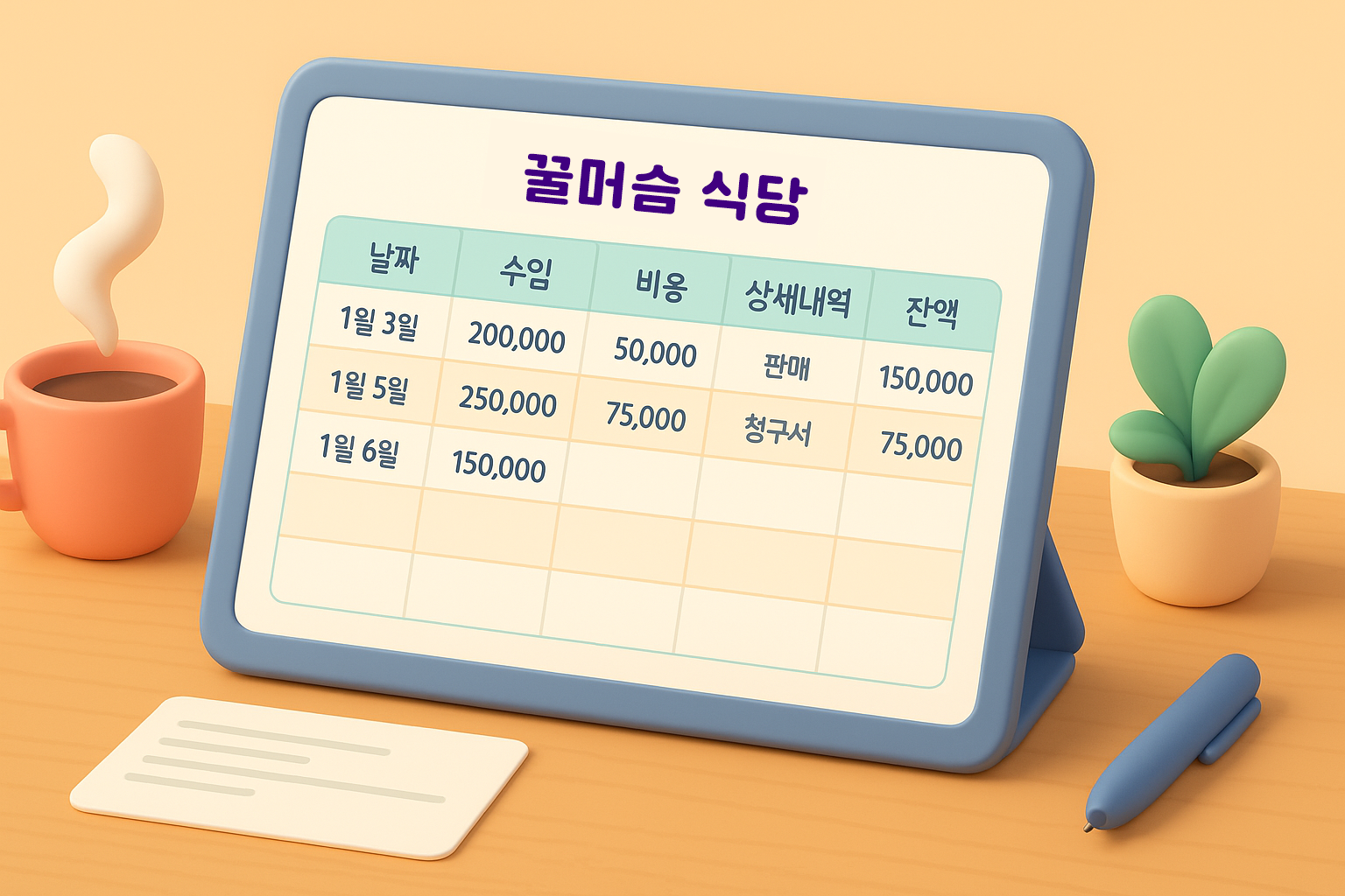 깔끔하게 정리된 간편장부 엑셀 양식의 전체 모습. 날짜, 수입, 비용, 비고 항목이 보인다.