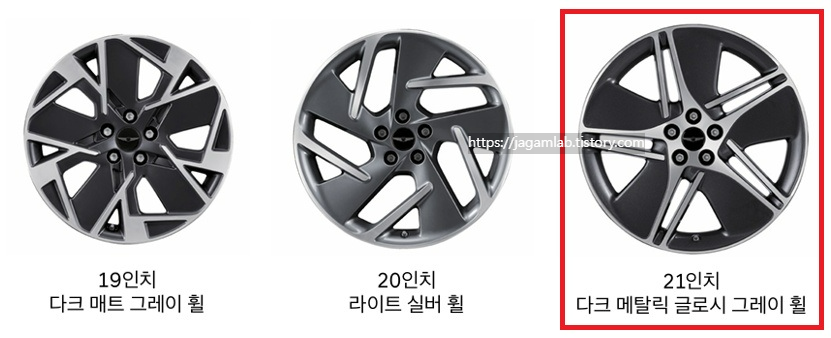 2027 GV60 19인치 다크 매트 그레이 휠, 20인치 라이트 실버 휠, 21인치 다크 메탈리 글로시 그레이 휠 디자인