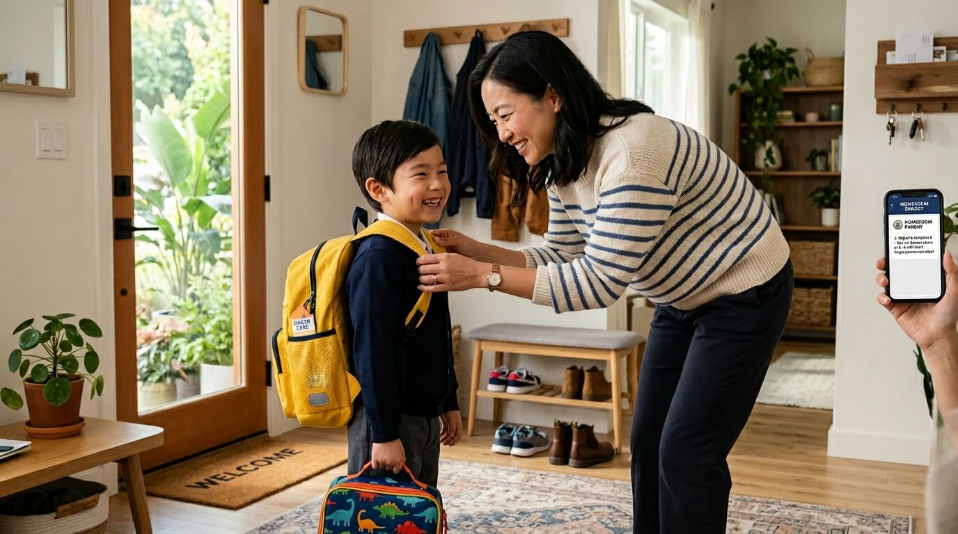 새 학기 첫날 학교 알림장 앱을 확인하며 초등학생 아이의 등교와 방과후 수업을 챙겨주는 엄마