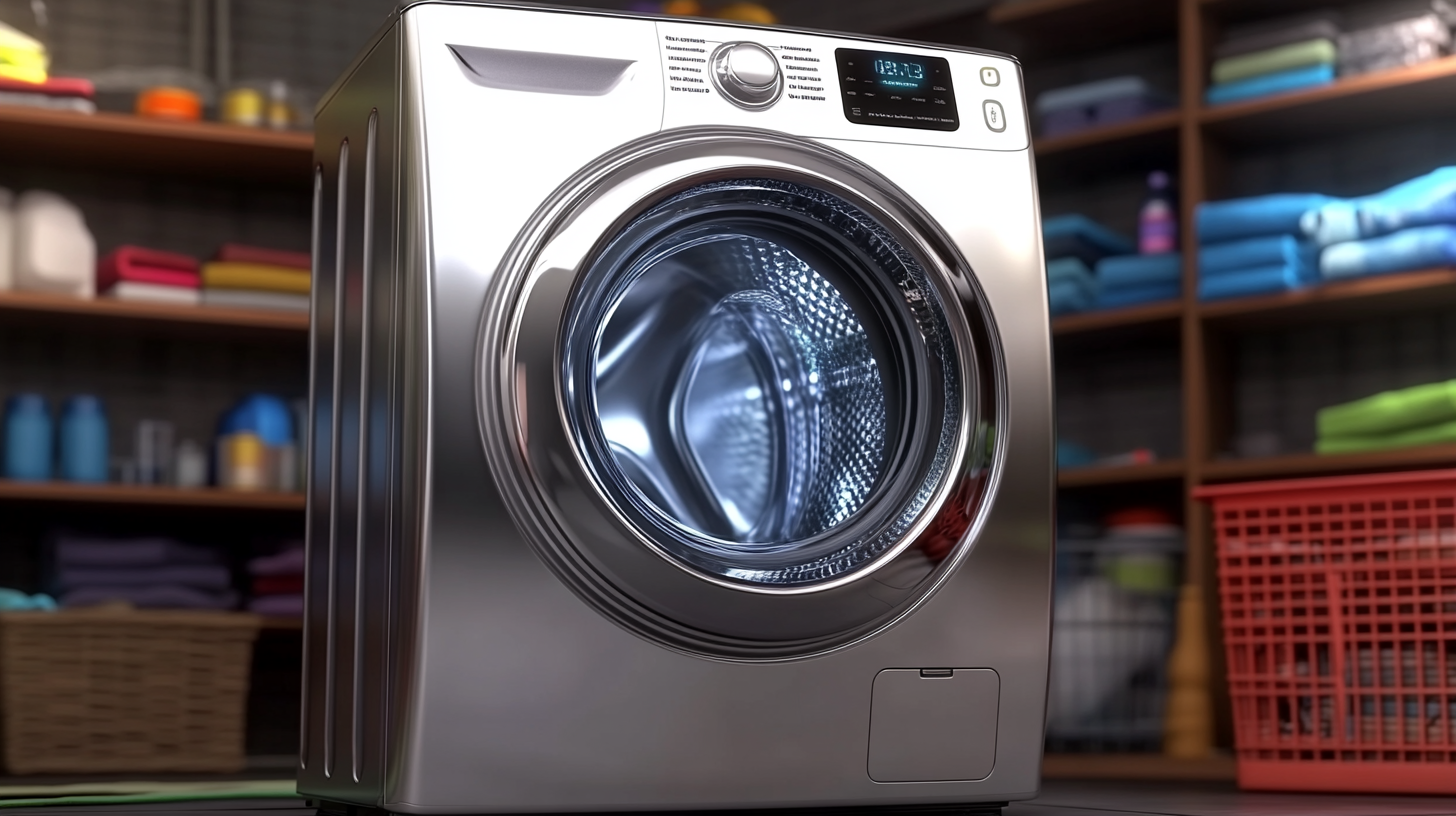 미래 지향적이고 세련된 디자인의 삼성 세탁기가 유리와 메탈릭 마감으로 현대적인 가정 환경 속에서 다양한 색상 옵션을 보여주는 모습
