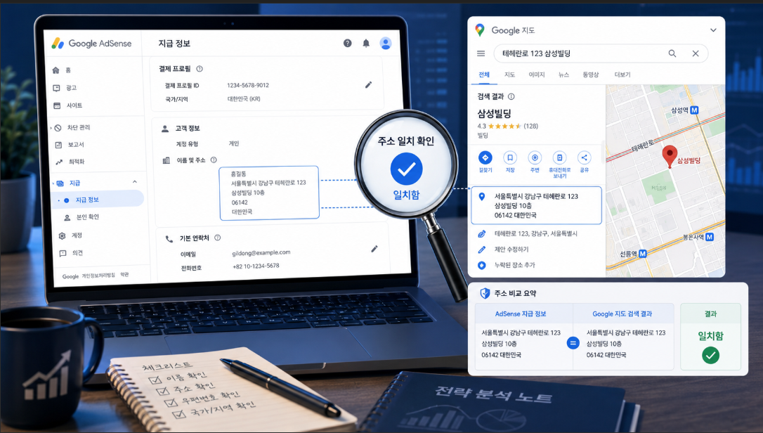 구글 애드센스 결제 정보와 구글 맵 주소 비교 분석 화면
