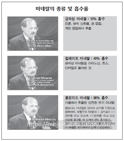 미네랄의 종류 및 흡수율을 비교한 도표. 금속성 미네랄(10% 흡수), 킬레이트 미네랄(40% 흡수), 콜로이드 미네랄(98% 흡수)의 세 가지 종류와 각각의 정의 및 추출원이 닥터 월렉의 강연 장면 사진과 함께 설명되어 있는 이미지