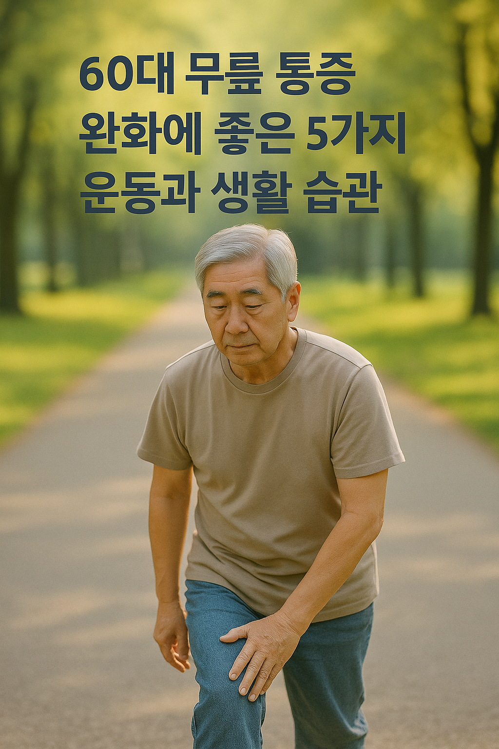 무릎 통증으로 걷기 힘든 60대 시니어의 모습 60대 무릎 통증 완화에 좋은 5가지 운동과 생활 습관 문구