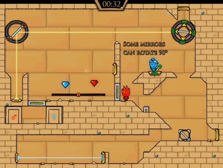 불게임-2인용-게임하기-2-라이트템플-플레이-물소녀가-녹색-레버를-작동시켜-광선의-방향을-바꾸는-화면